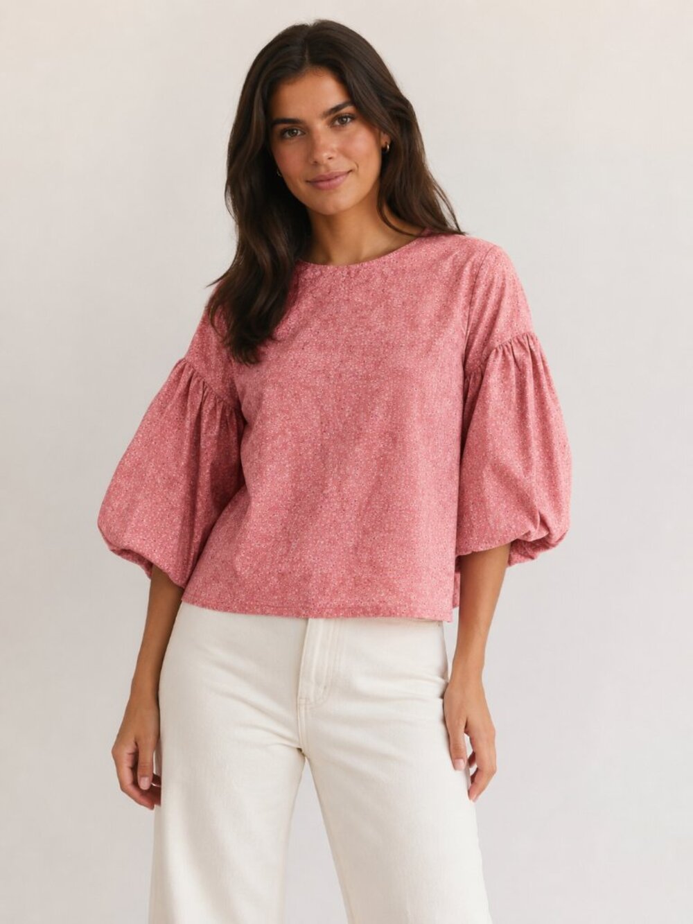 Jane & Delancey Womens Pink Puff Sleeve Blouse With Floral Print Cotton Sz Small